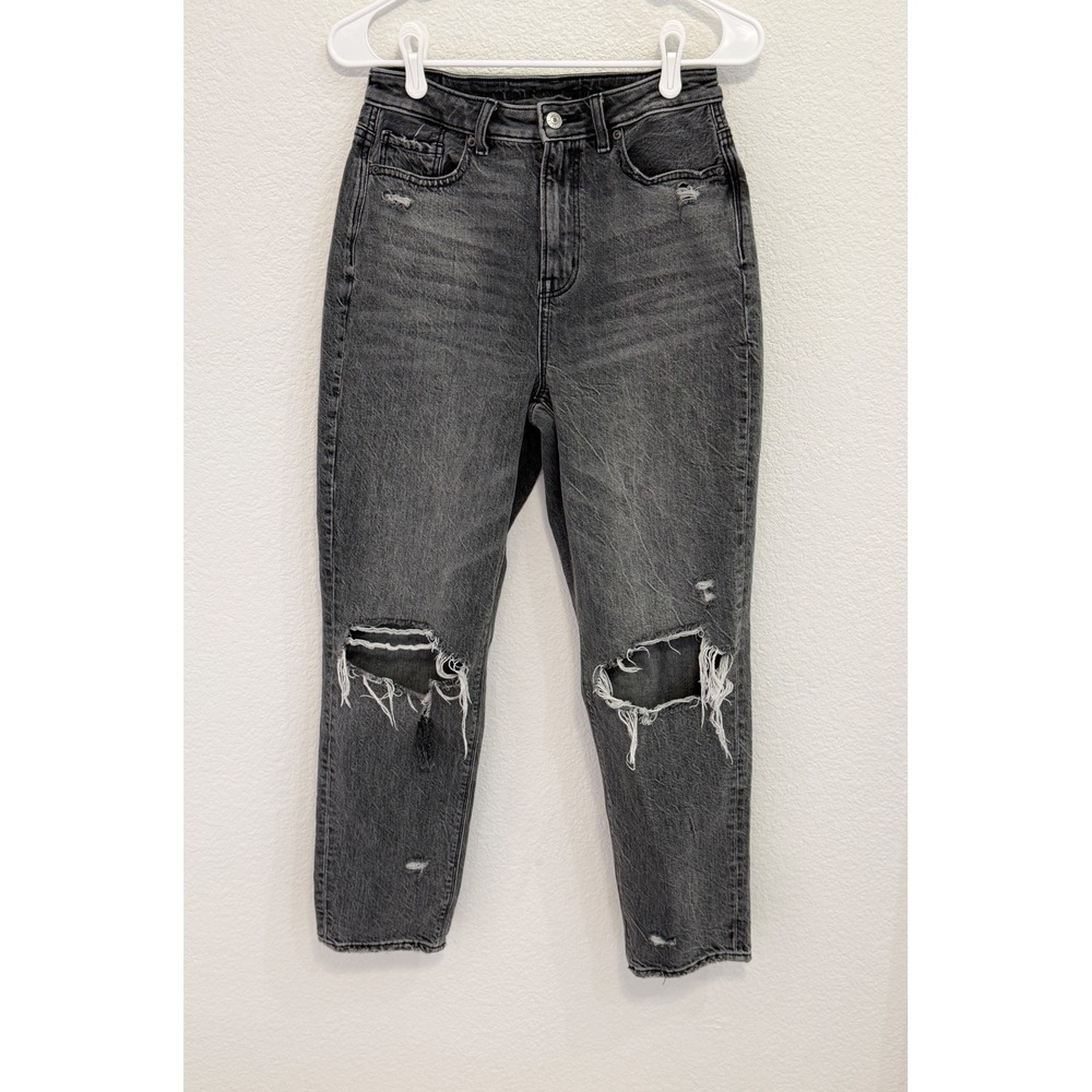 American Eagle Highest Rise Mom Jeans Washed Black Distressed Denim Size 4
